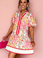 Pink Color Block Floral Print Contrast Trim V Neck Ruffle Hem Mini Dress - Miniatuur