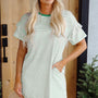 Green Stripe Ruffled Short Sleeve Crew Neck T Shirt Shift Mini Dress