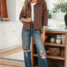 Dunkelbraune Leopard-Liner-Patchwork-Jacke mit Kragenkragen - Thumbnail