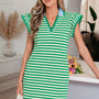 Robe courte à manches flottantes à col contrastant imprimé rayures vertes