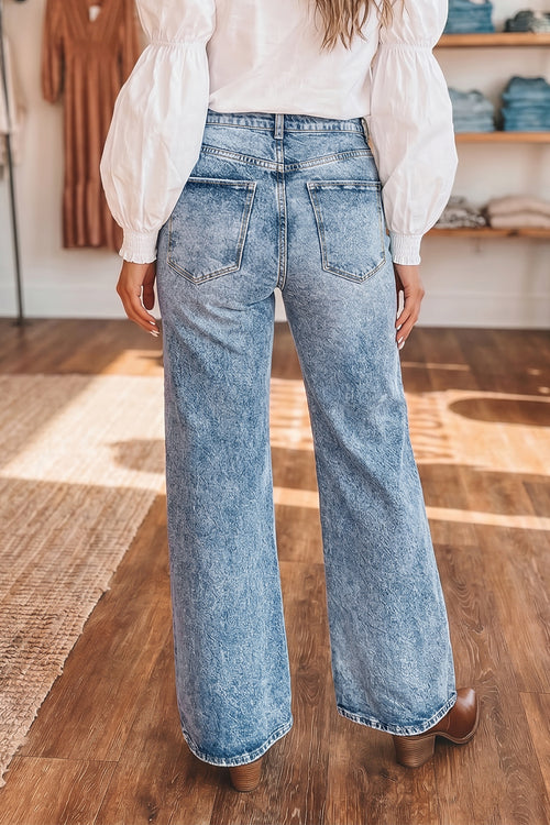 Beau Blue Acid Wash Pocket Detail Flare Jeans - Damesmode Afbeelding 2