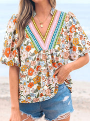 Camicetta a fiori boho a maniche a sbuffo all'uncinetto a V a crono - Miniatuur