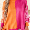 Rosarote Farbblock-Gingham-Ärmel-Pullover mit Rundhals - Foto 2