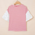 Red Stripe Floral Puff Sleeve Patchwork Round Neck Loose Top - Foto 5