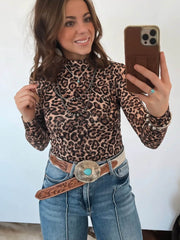 Camiseta slim western de manga larga de cuello alto y leopardo caqui - Miniatuur