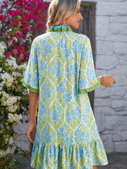 Sky Blue Botanical Floral Print Frilled Trim V Neck Button Front Loose Dress - Miniatuur