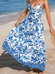 Himmelblaues, verdrehtes Brust-Spaghetti-Träger Rückenloses Blumen-Maxikleid - Miniatuur