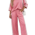 Pink Leopard Print Varsity Striped Detail 3/4 Sleeve Top Shift Pant Set - Foto 3
