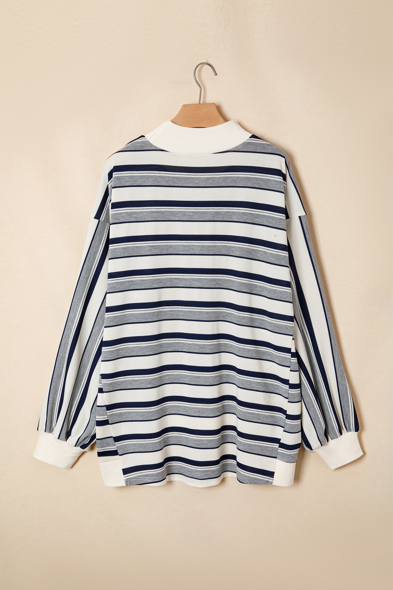 Blue Stripe Striped Ribbed Stand Neck Long Sleeve Shift Silhouette Sweatshirt - Damesmode Afbeelding 4