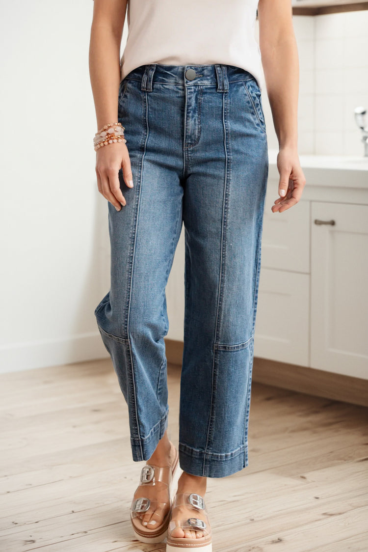 Sail Blue Exposed Stitching Straight Jeans - Damesmode