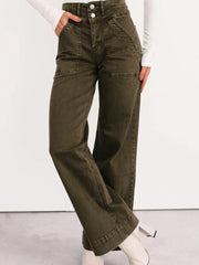 Dschungelgrün Doppelbund, lockere gerade Jeans - Miniatuur
