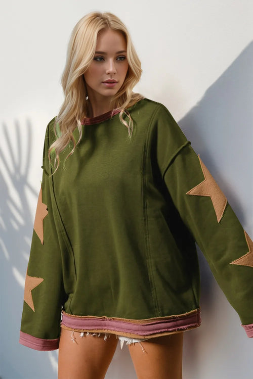 Double Take Star Patched Long Sleeve Sweatshirt - Detail