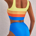 Blue Colorblock Square Neck Top Pleated High Waisted Bikini - Damesmode Afbeelding 3 - Foto 3