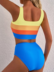 Blauer Colorblock-Bikini mit quadratischem Ausschnitt oben plissiert, hoch getailliert – Damesmode Bild 3 - Miniatuur