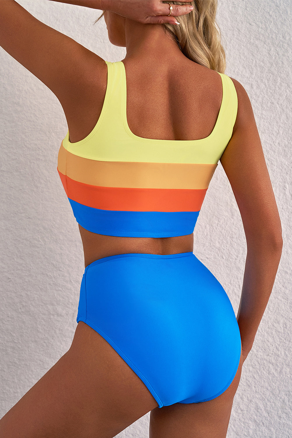 Blauer Colorblock-Bikini mit quadratischem Ausschnitt oben plissiert, hoch getailliert – Damesmode Bild 3