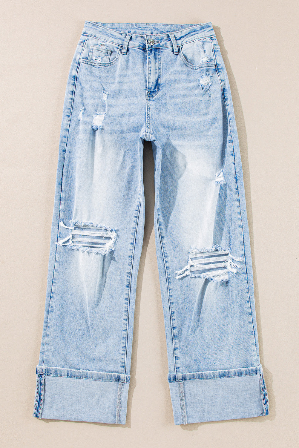 Beau Blue Light Wash Distressed Straight Jeans - Damesmode Afbeelding 4