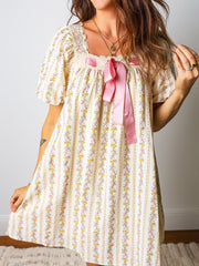 Multicolour Floral Print Contrast Ribbon Bow Lace Trim Square Neck Mini Dress - Miniatuur