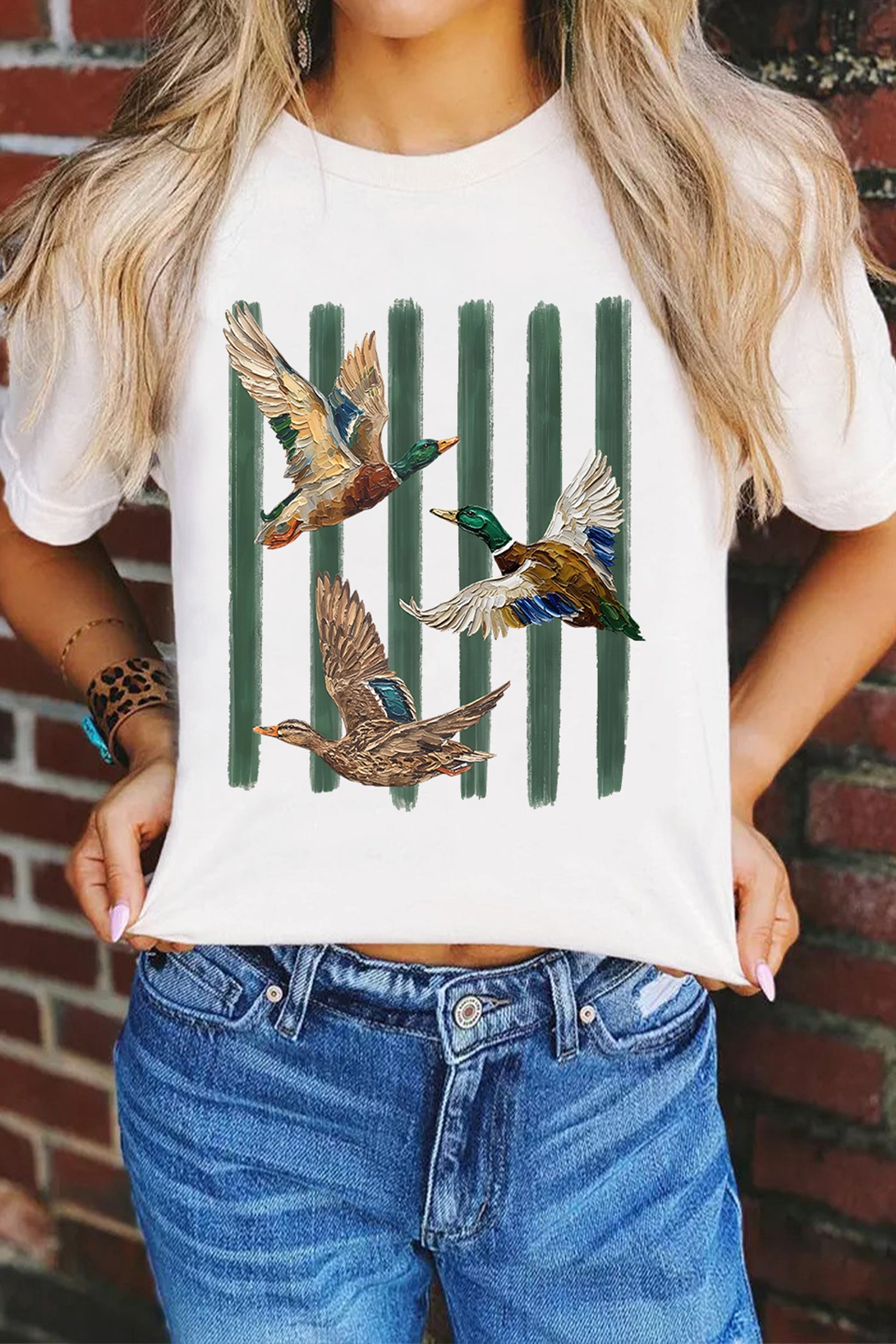 Hvide Western Mallard Stripes Printet Grafisk Rund Hals Casual T-shirt
