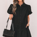 Black Shirt Style Button Down Puff Sleeve Ruffle Hem Dress - Damesmode Afbeelding 3 - Foto 3