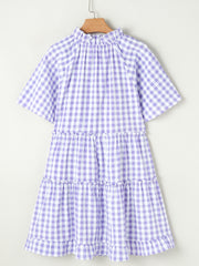 Lavendula Karo-Rüschen Weites Kurzarm-Babydoll-Minikleid - Miniatuur