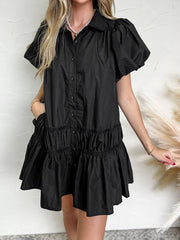Robe chemise noire style chemise boutonnée, manches bouffantes, ourlet à volants - Image mode féminine 8 - Miniatuur