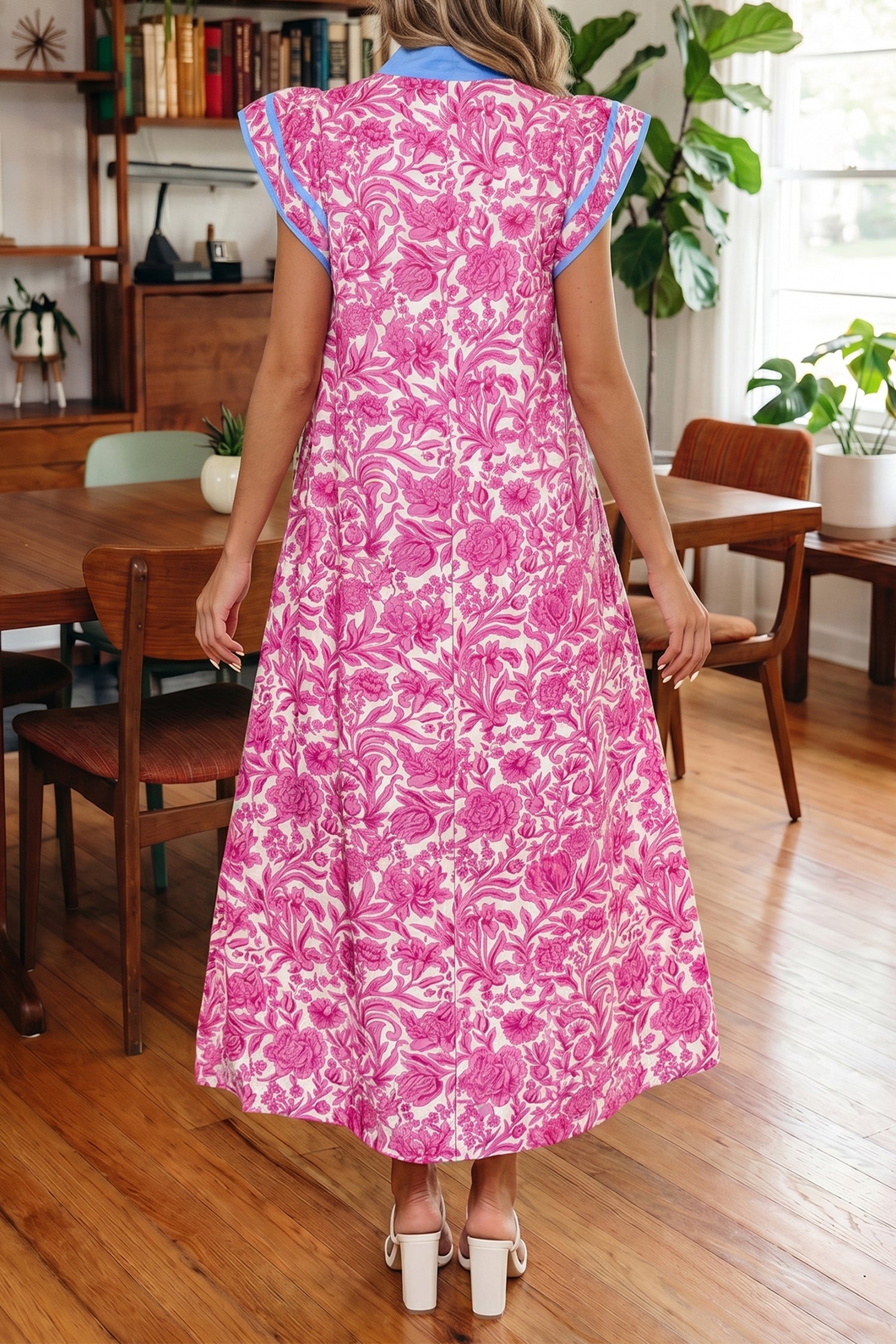 Pink Floral Print Color Block Patchwork V Neck Short Sleeve Midi Dress