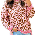 Khaki Leopard Polka Dot Colorblock Trim Long Sleeve Top - Foto 4