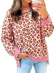 Khaki Leopard Polka Dot Farbblock-Trim Langarm-Oberteil - Miniatuur