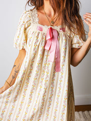 Multicolour Floral Print Contrast Ribbon Bow Lace Trim Square Neck Mini Dress - Miniatuur