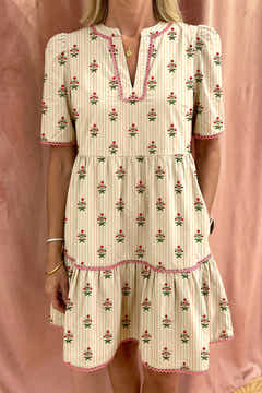 Apricot Striped Floral Print Contrast Ruffle Detail Hem Short Summer Dress - Redblad Damesmode