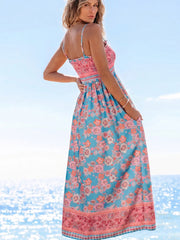 Himmelblaues Bohemien-Ethnie-Print-Spaghettiträger-Maxi-Kleid mit Spaghetti-Trägern - Miniatuur