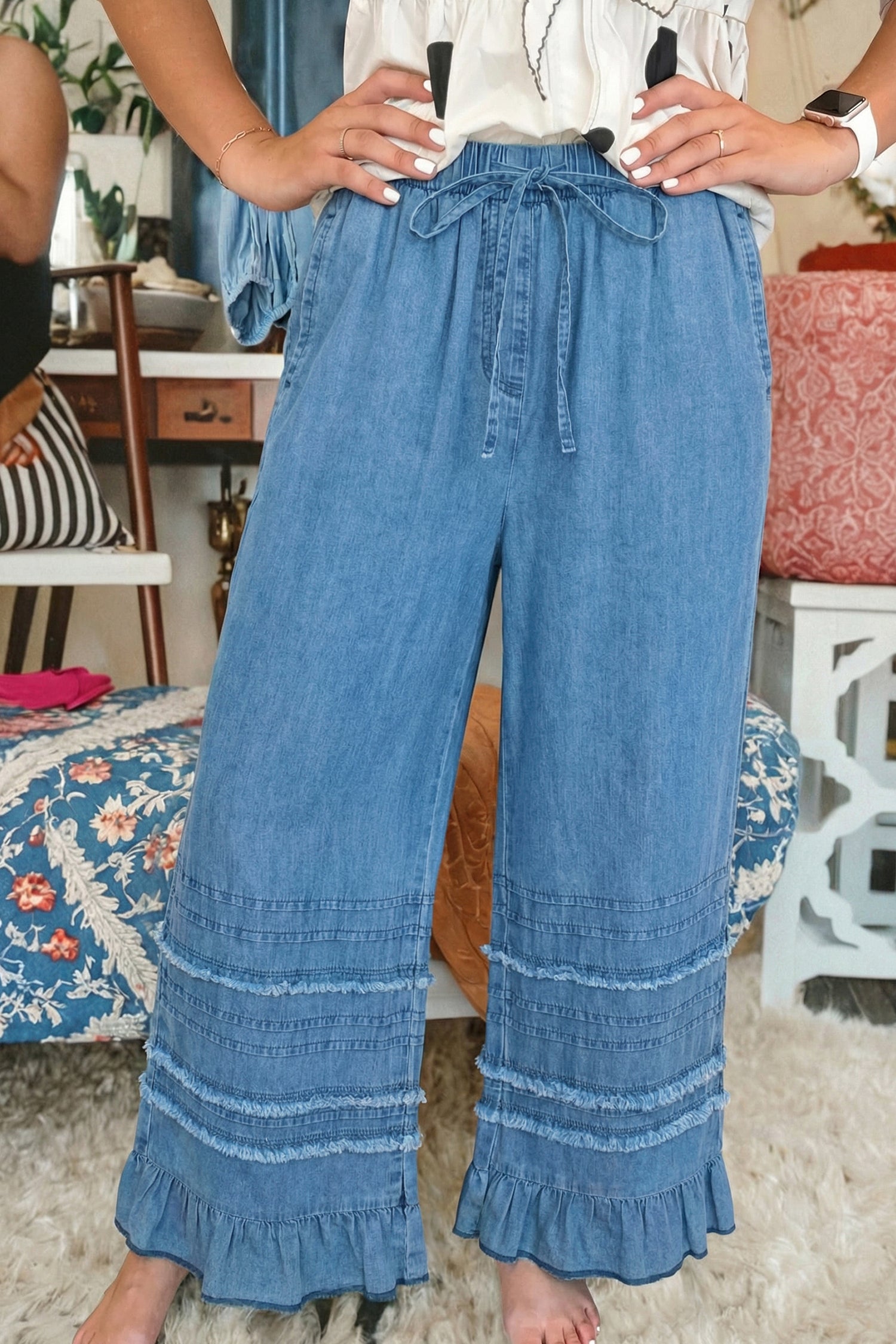 Pantaloni Chambray Chambray blu crepuscolo con orlo arricciato e gamba larga