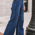 Dettagli cuciti blu vela in vita Pantaloni larghi con polsini - Foto 4