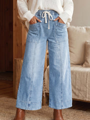 Beau Blue Drawstring Waist Wide Leg Ankle Length Jeans - Damesmode Afbeelding 4 - Miniatuur