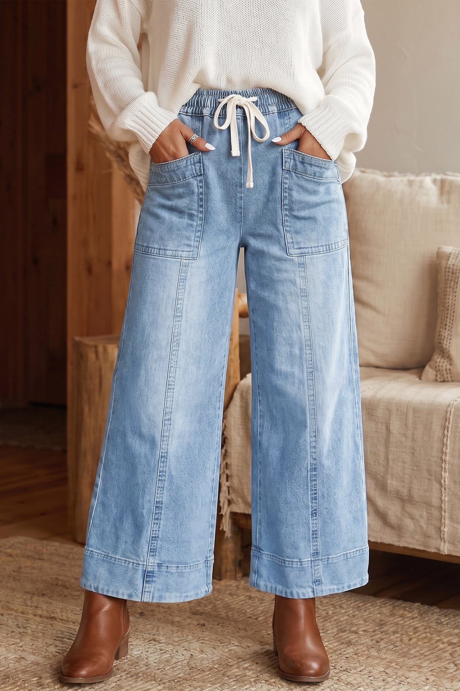 Beau Blue Drawstring Waist Wide Leg Ankle Length Jeans - Damesmode Afbeelding 4