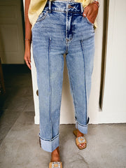 Myosotis Center Seam Cuffed Hem Straight High Waist Jeans - Miniatuur