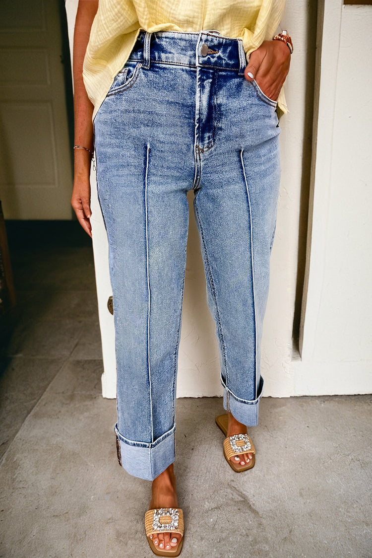 Myosotis Center Seam Cuffed Hem Straight High Waist Jeans - Damesmode