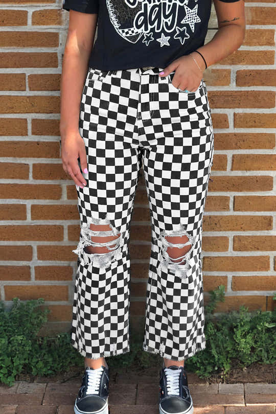 Imprimé noir à damier Trous vieillis, jeans courts à bord brut - Damesmode Afbeelding 1