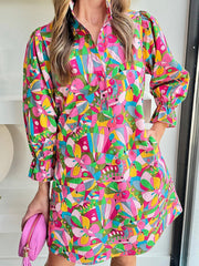 Pink Abstract Printed Lantern Sleeve Buttoned Mini Dress - Miniatuur