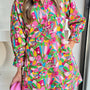 Pink Abstract Printed Lantern Sleeve Buttoned Mini Dress