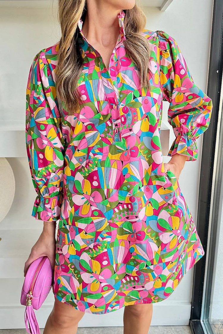 Pink Abstract Printed Lantern Sleeve Buttoned Mini Dress - Damesmode