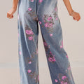 Beau Blue Floral Print Elastic Waist Pull On Casual Jeans - Damesmode Afbeelding 2 - Foto 2