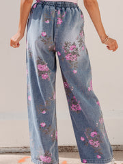 Beau Blue Floral Print Elastic Waist Pull On Casual Jeans - Damesmode Afbeelding 2 - Miniatuur
