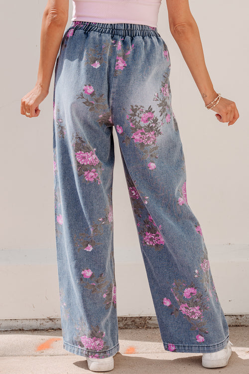 Beau Blue Floral Print Elastic Waist Pull On Casual Jeans - Damesmode Afbeelding 2