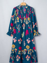 Blue Floral Print Gathered Neckline 7/8 Sleeve Casual Midi Dress - Damesmode Afbeelding 7 - Miniatuur