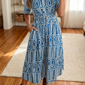 Blue Geometric Print Short Sleeve Drawstring Shirt Collar Dress - Damesmode Afbeelding 1 - Foto 1