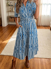 Blau geometrisch bedrucktes Kurzarmkleid mit Kordelzug und Hemdkragen – Damesmode Afbeelding 1 - Miniatuur