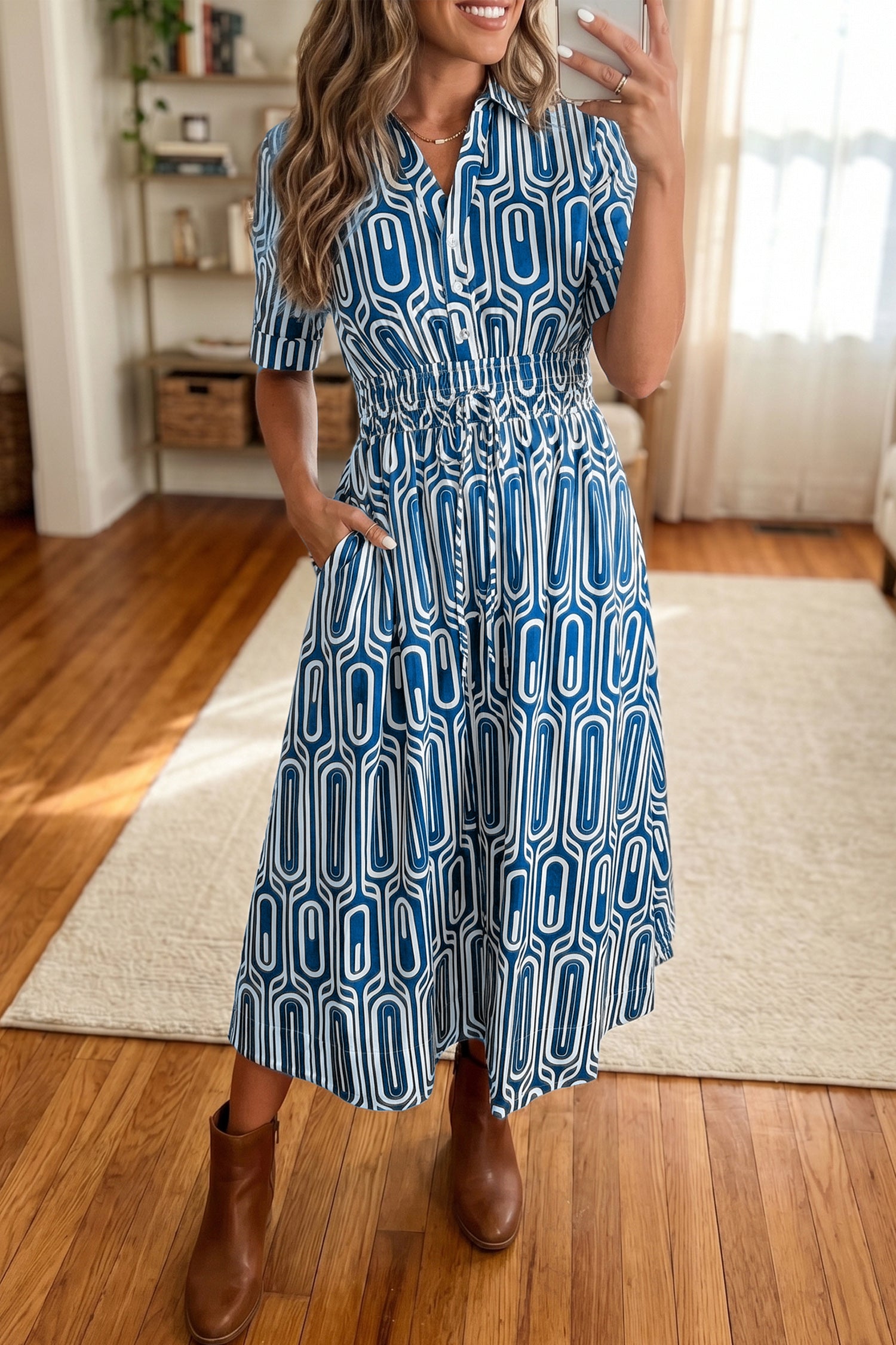 Blue Geometric Print Short Sleeve Drawstring Shirt Collar Dress - Damesmode Afbeelding 1