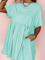 Light Pink Solid Color Pocketed Raw Edge Babydoll Dress - Miniatuur