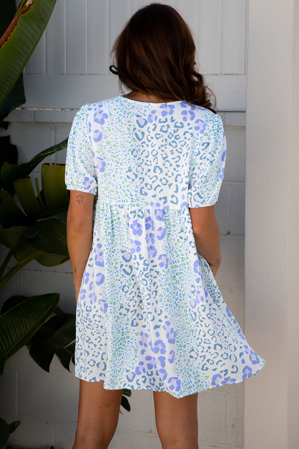 Mini robe Contrast Phoque Léopard Bleu Ciel à manches bouffantes